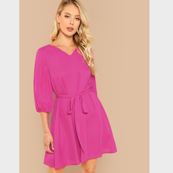 Lantern Sleeve Tie Belted Fuchsia Hot Pink Dress - Picture 2 of 7